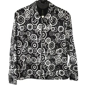 Laura Ashley Woman 2X Black White Geometric Circle Embroidered Zip Jacket Cotton